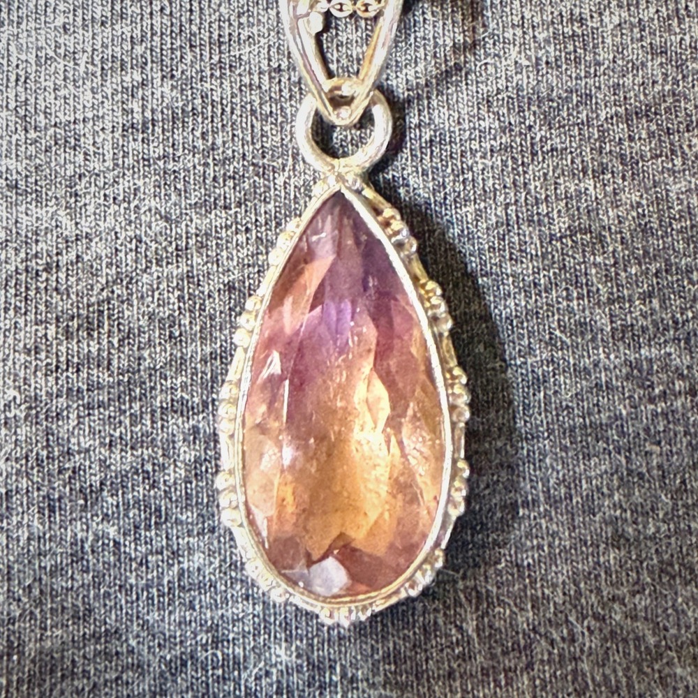 Vintage Sterling Silver Ornate Faceted Ametrine Pear Pendant Necklace 20 in